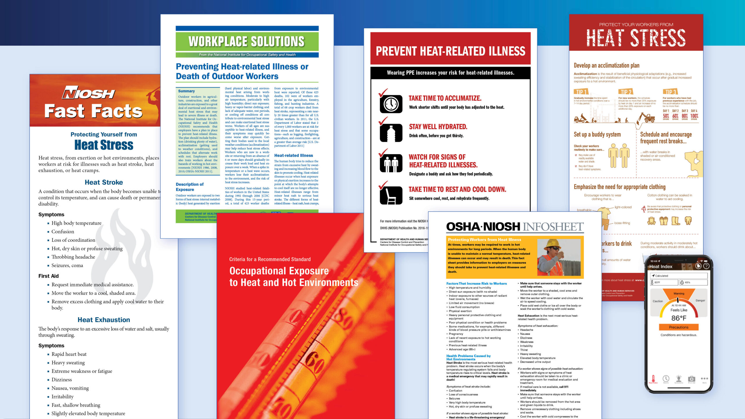 Collage of workplace safety posters about heat stress, prevention tips, and symptoms.