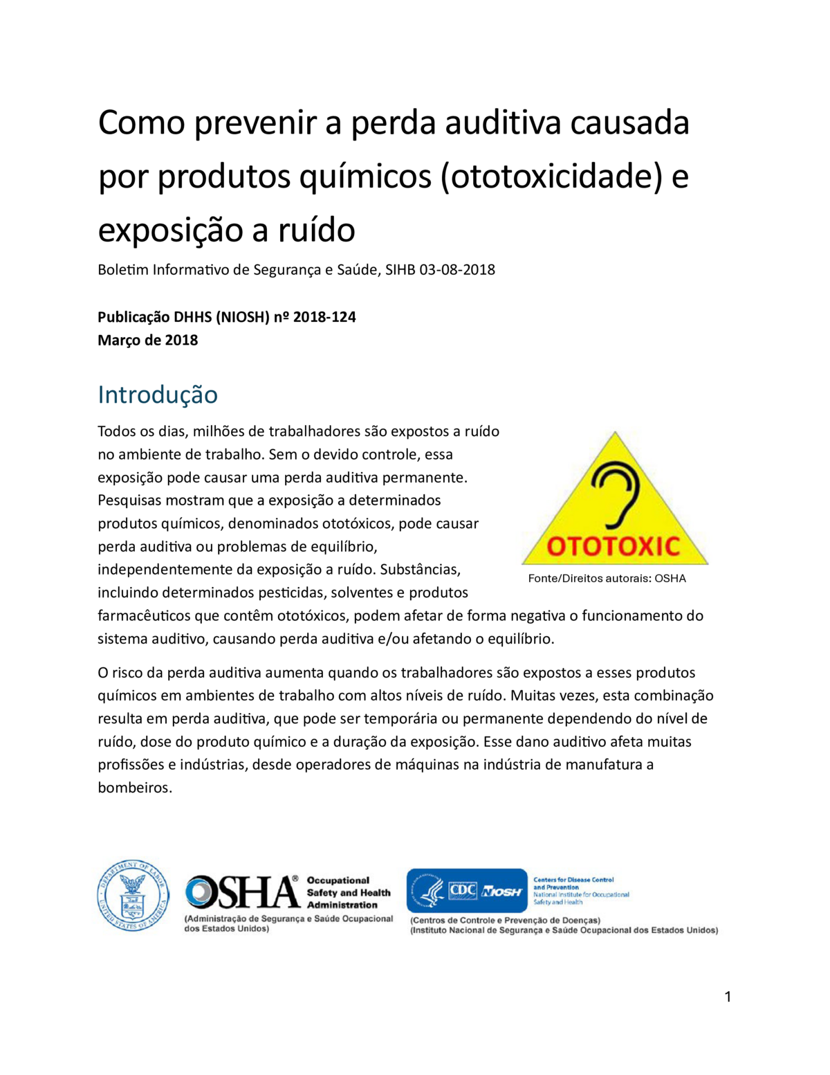 Screenshot of the first page of "Como prevenir a perda auditiva causada por produtos químicos (ototoxicidade) e exposição a ruído"