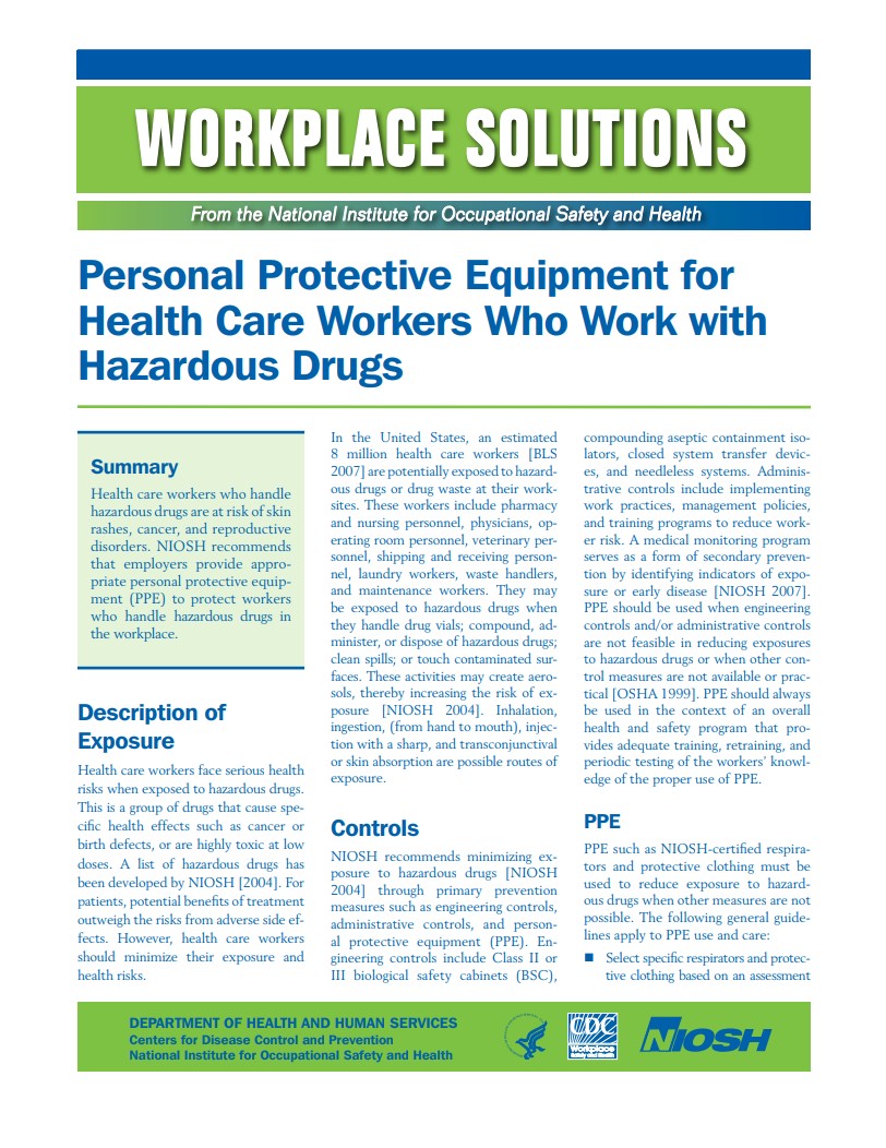 Personal Protective Equipment for Health Care Workers Who Work with Hazardous Drugs