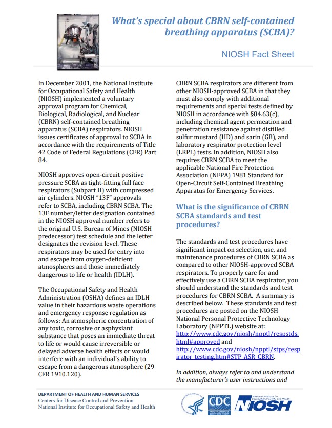 NIOSH Fact Sheet: What's Special about CBRN Self-contained Breathing Apparatus (SCBA)?