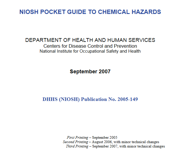 NIOSH Pocket Guide to Chemical Hazards (3rd Printing with minor technical revisions)