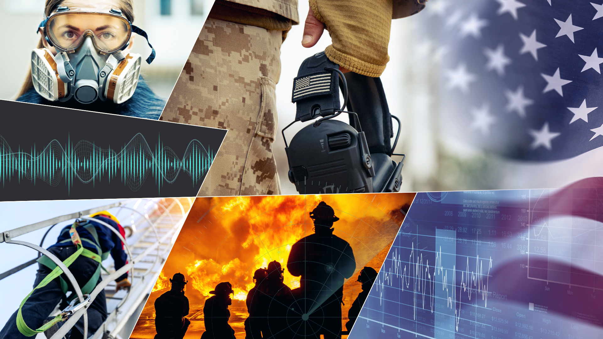 collage of military personnel, respirators, hearing protection, fire fighting, the American flag, measurement readouts.