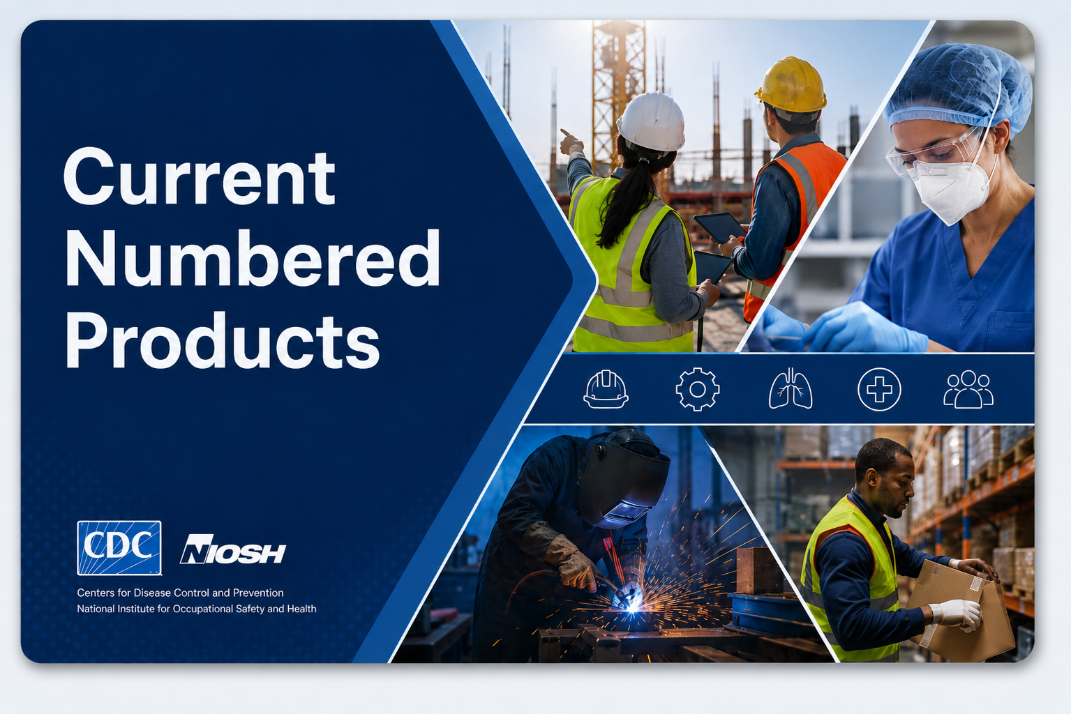 Image of worker photos that says "Current Numbered Products" with CDC and NIOSH logo below.