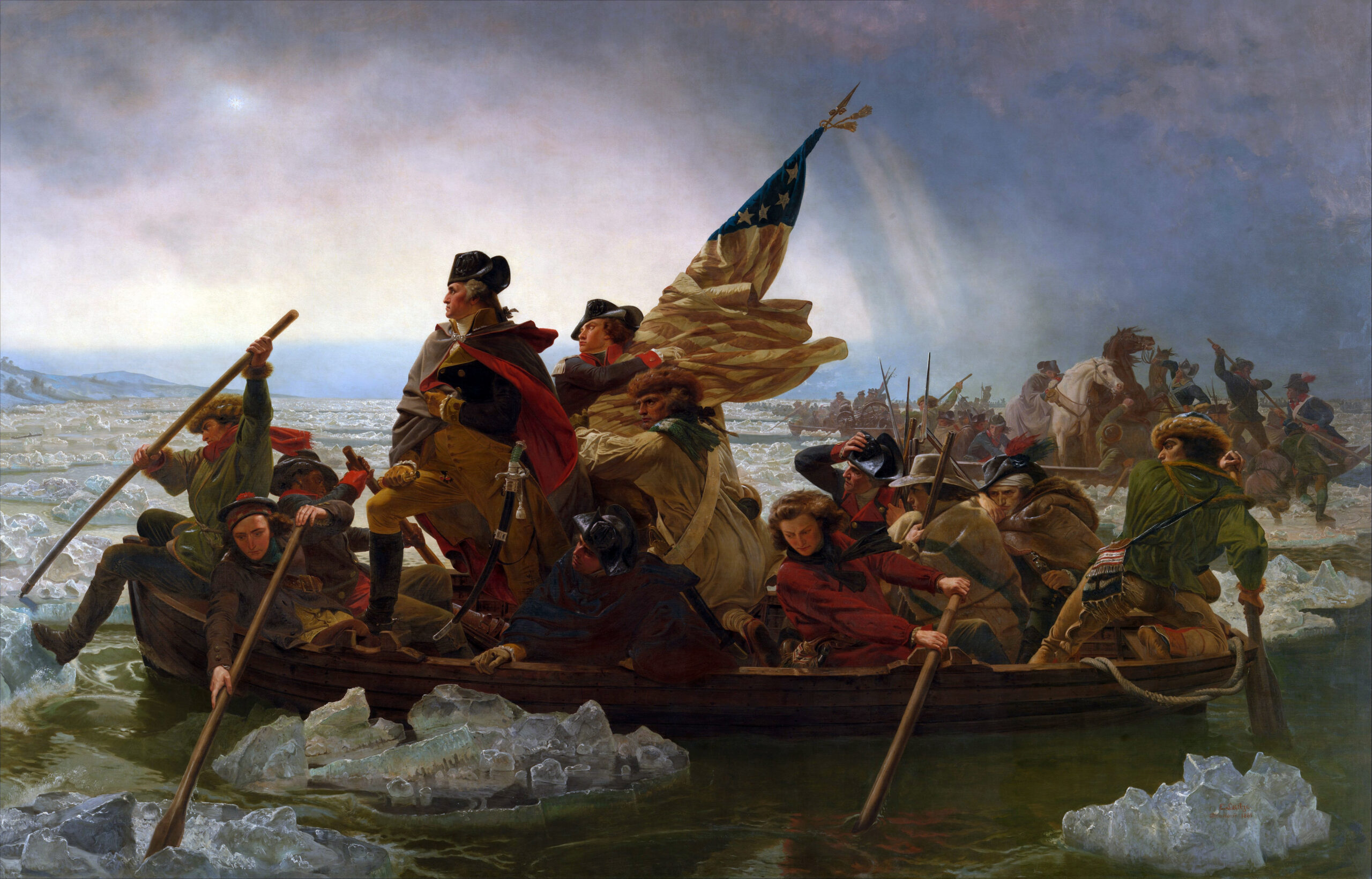 George Washington in a boat with men and the American Flag.