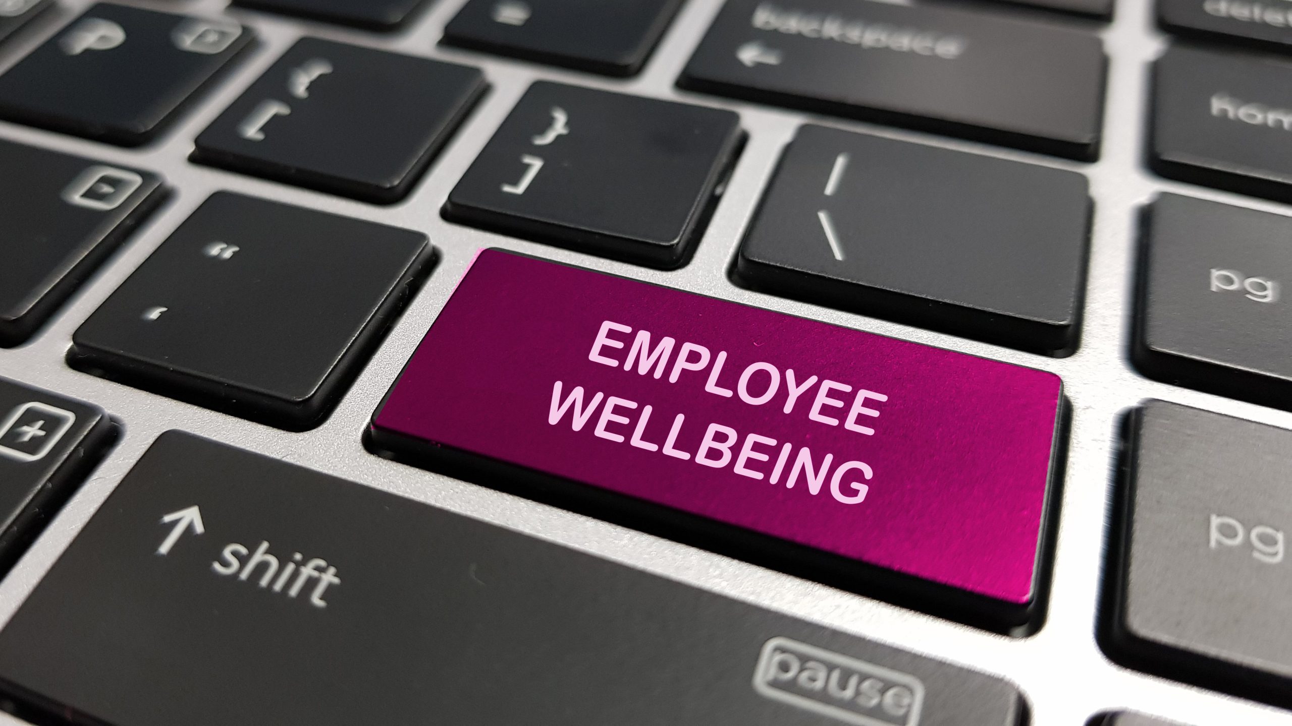Employee wellbeing and wellness concept using keyboard keys A keyboard key with the words "Employee Wellbeing".