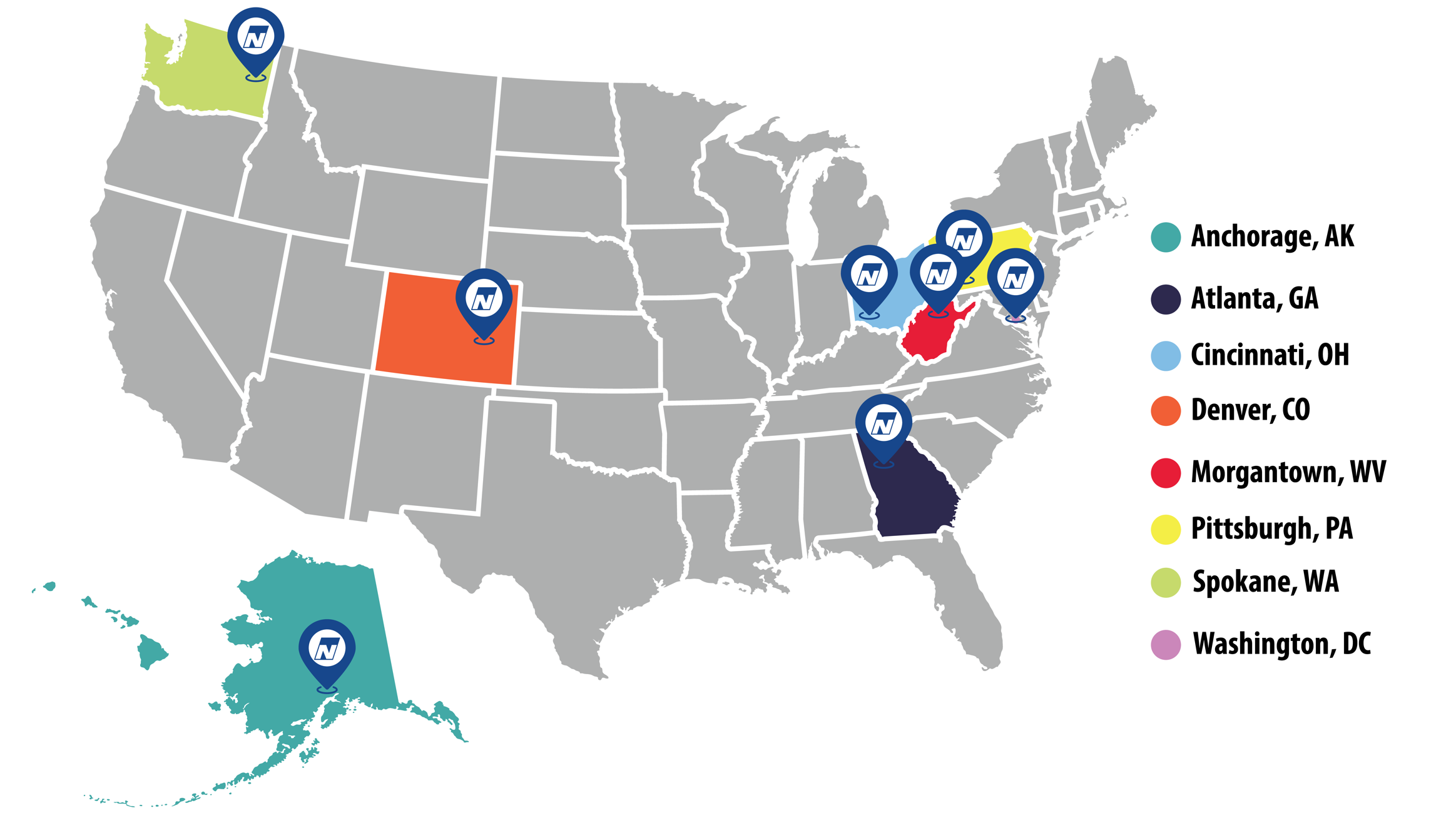 — title missing — Map of the United States with NIOSH logos in Alaska, Atlanta, Ohio, Colorado, West Virginia, Pennsylvania, Washington, and Washington, DC