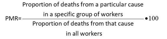 To calculate a PMR, divide the proportion of deaths from a particular cause in a specific group of workers by the proportion of death from that cause in all workers. Then multiply the answer by 100.
