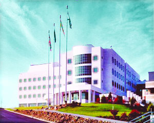 White building with grass and flag poles