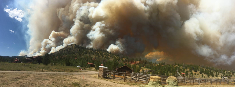 Wildfire burning along hillside with smoke.