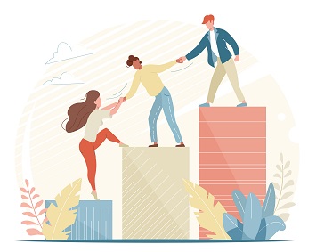 People help and grow together. Business woman and man climbing