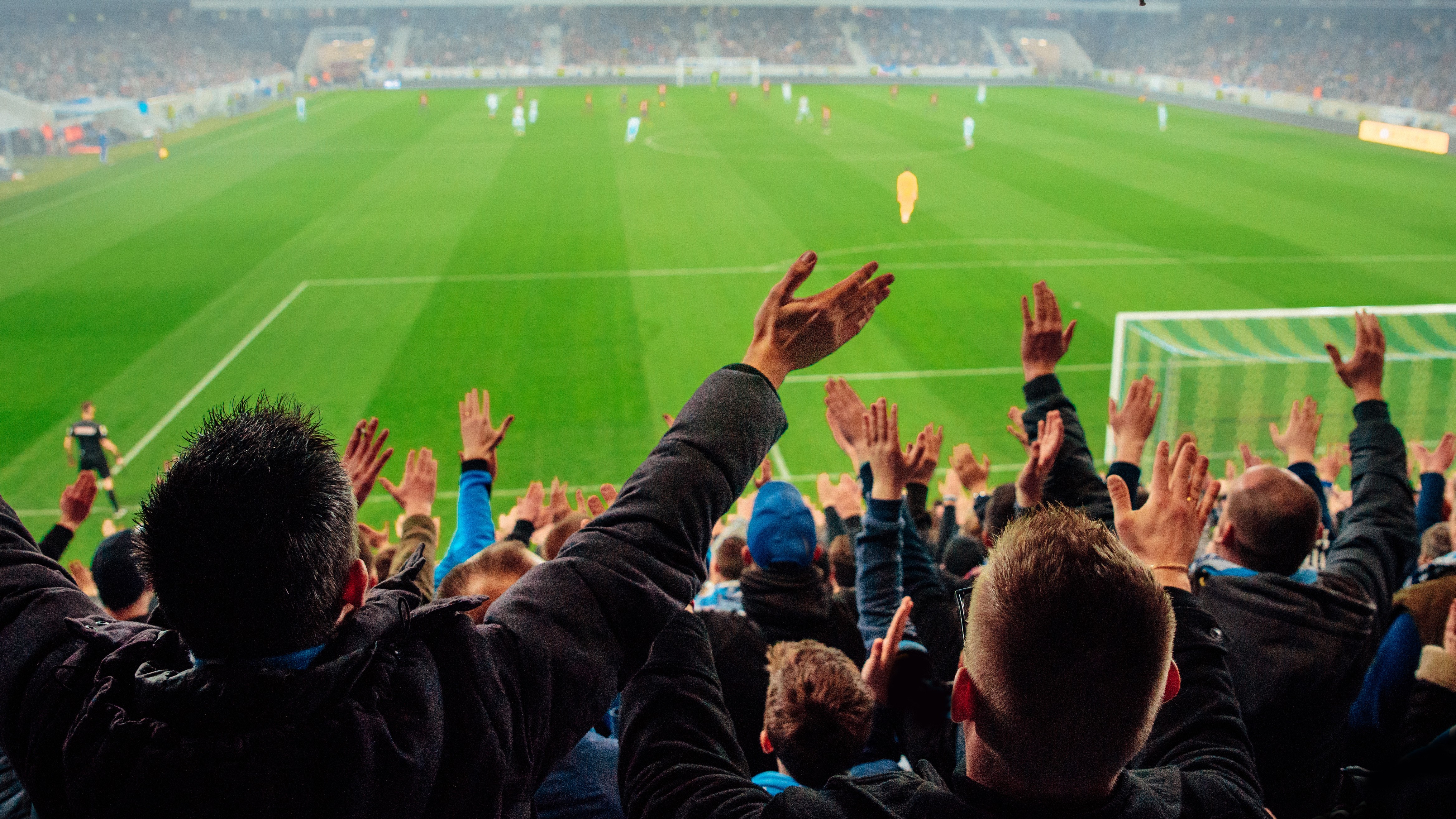A large crowd in the stands, standing up to celebrate at a soccer match.