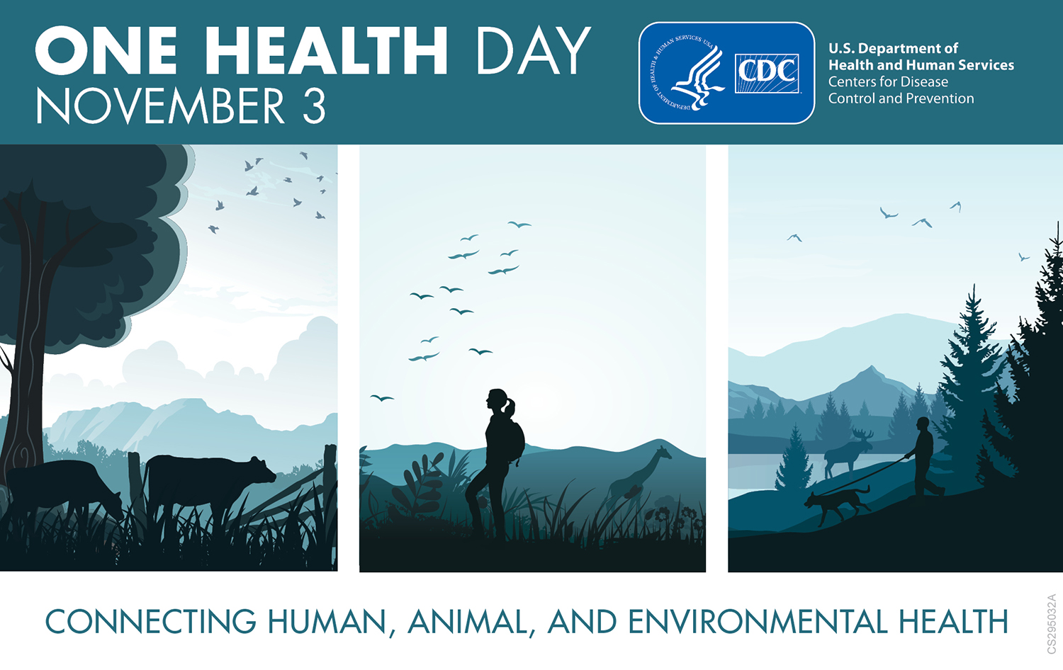 Three panel One Health banner depicting connections with cows grazing, a person hiking by some giraffes and another person walking their dog