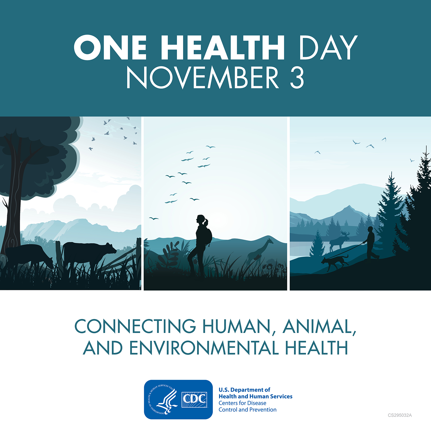 Three panel One Health banner depicting connections with cows grazing, a person hiking by some giraffes and another person walking their dog. Text says One Health Day. Connecting human, animal and environmental health.