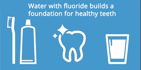 Water with Fluoride_Alt Water with fluoride builds a foundation for healthy teeth. Toothbrush and paste, sparkling tooth, fluoridated glass of water.