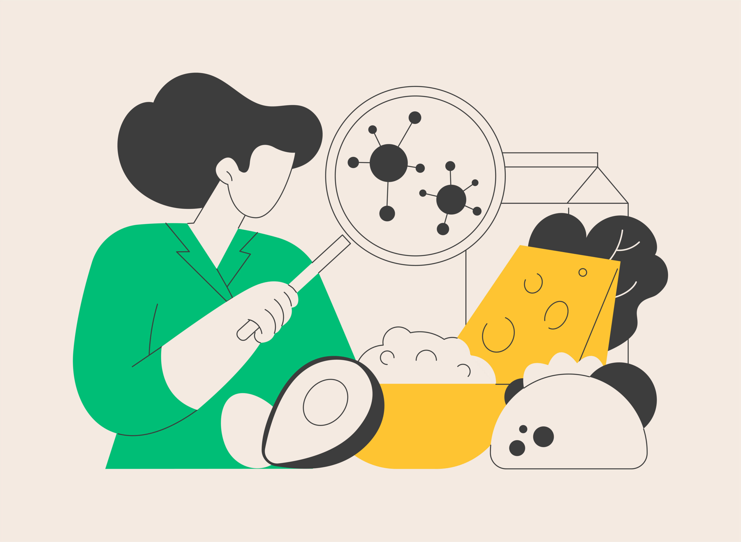 Illustration of person with magnifying glass looking at a variety of food.