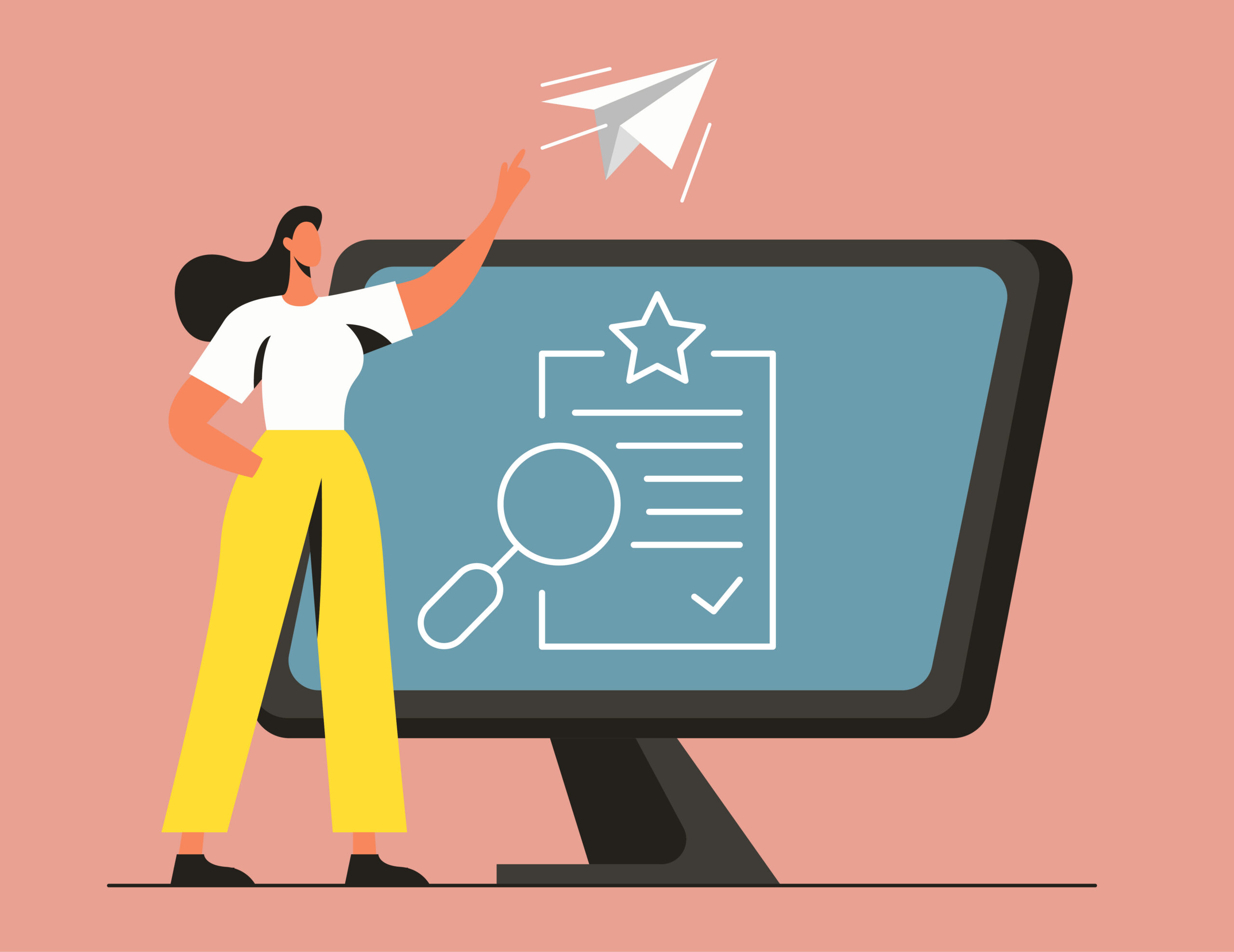 Illustration of person throwing a paper plane in front of a large computer screen with a resume.