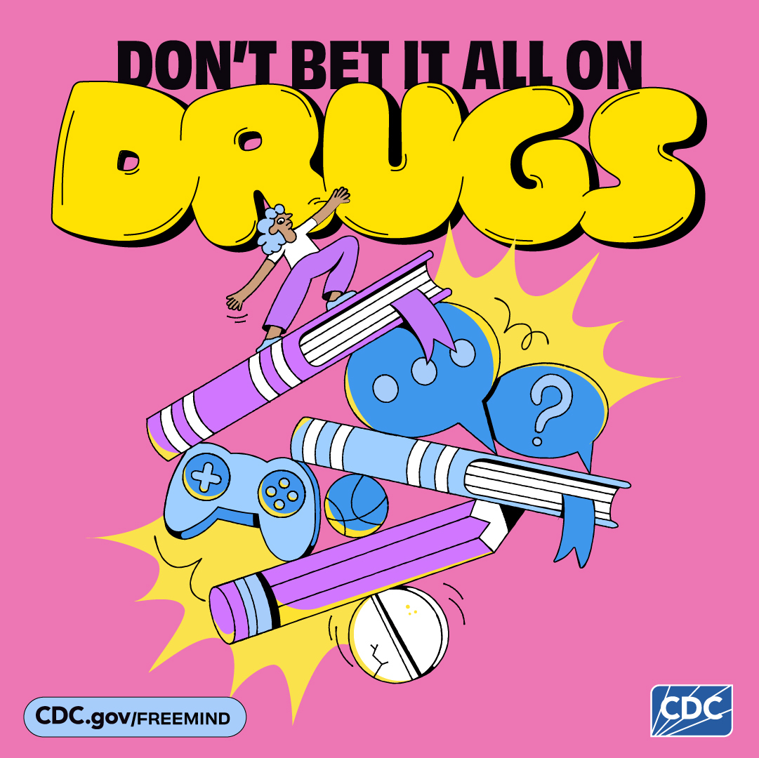 Image of cartoon person standing on book surrounding by hobbies, background says "don't bet it all on drugs".