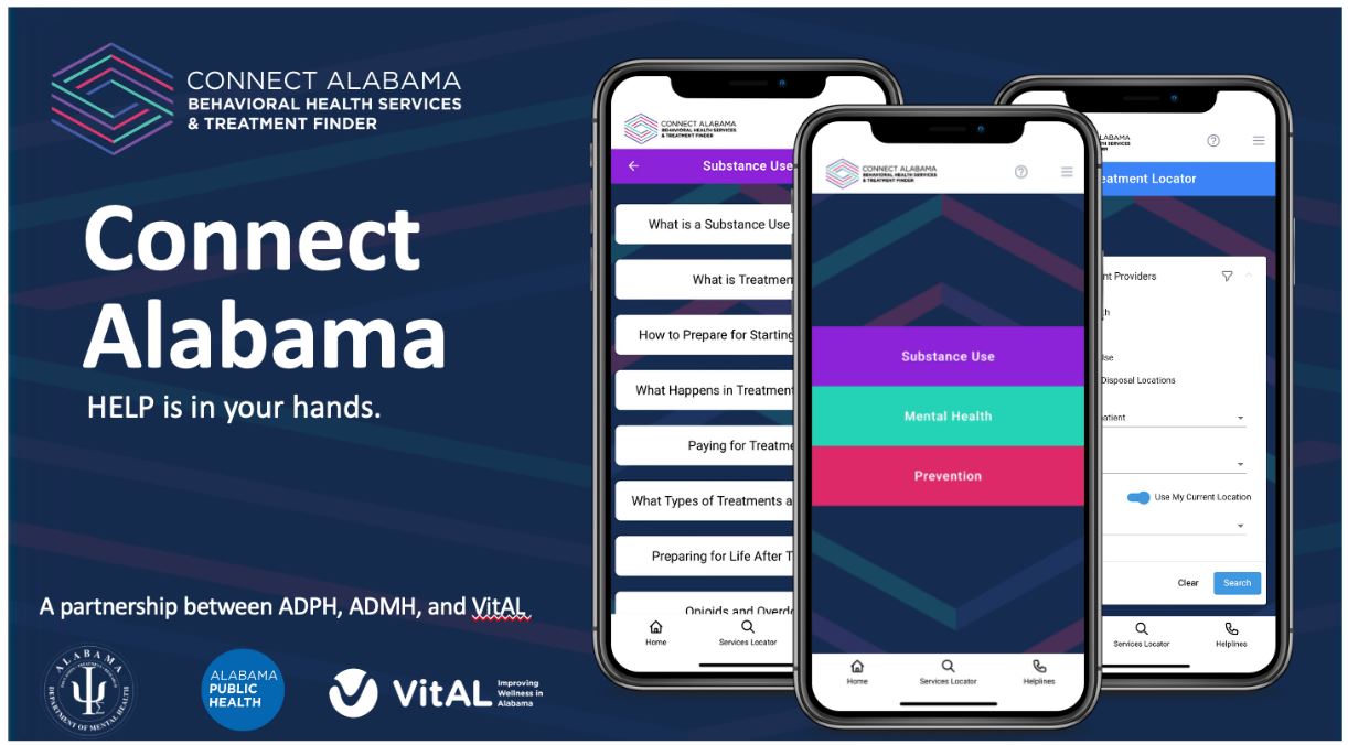 Image with 3 screenshots from the Connect Alabama app with maker logos
