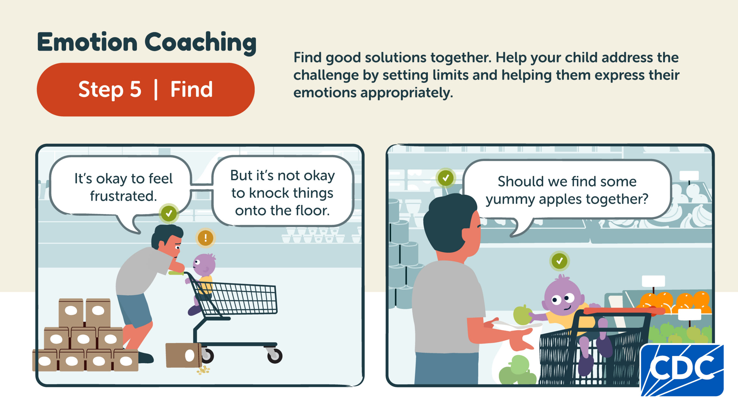 Parent calmly tells toddler it’s okay to feel frustrated but not to knock items down. They then choose apples together.