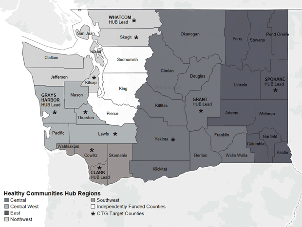 Regions used for Community Transformation Grant (CTG) implementation in Washington State, 2011&ndash;2014.