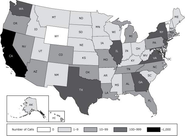 Number of calls to the Asian Smokers&rsquo; Quitline (ASQ), by state, from August 1, 2012, to July 31, 2014.