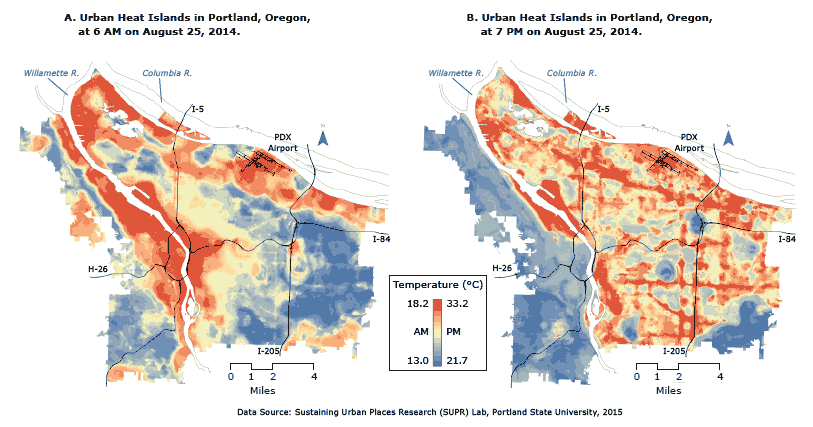 Empirically derived 1-m&ndash;resolution descriptions of (A) morning and (B) evening urban heat islands in Portland, Oregon, on August 25, 2014. Temperatures were recorded in 1-hour periods at 6 AM and 7 PM. In the morning, low-lying vegetation cover had the strongest effect on temperature; in the evening, temperatures were most strongly affected by variation in building heights. High-resolution data sets such as those used here can inform preparation for extreme heat events and public health interventions.