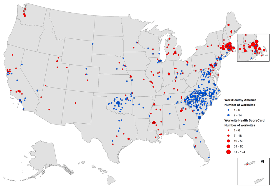 Workplaces using WorkHealthy America (2008&ndash;2015, N = 667) and the CDC Worksite Health ScoreCard (2014&ndash;2015, N = 1,124). Workplaces were mapped to city, county, or zip code depending on availability of geographic data. Excluded are 6 workplaces because of lack of geographic information. Abbreviation: VI, Virgin Islands.