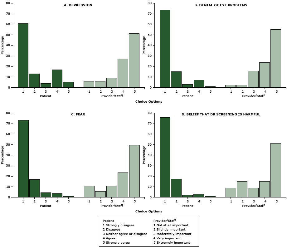 Perceived potential internal barriers to diabetic retinopathy screening, Los Angeles, California, 2014&ndash;2015. Patients were asked to rate reasons that &ldquo;would delay or prevent you from getting your screening/test for diabetic eye disease.&rdquo; Health care providers and their staffers were asked to rate &ldquo;how important it is to address the following potential barriers for patients to receive retinal eye screening&rdquo; at the clinic. All P < .001. Barriers are ordered in descending order by how frequently they were identified by patients. Abbreviation: DR, diabetic retinopathy.