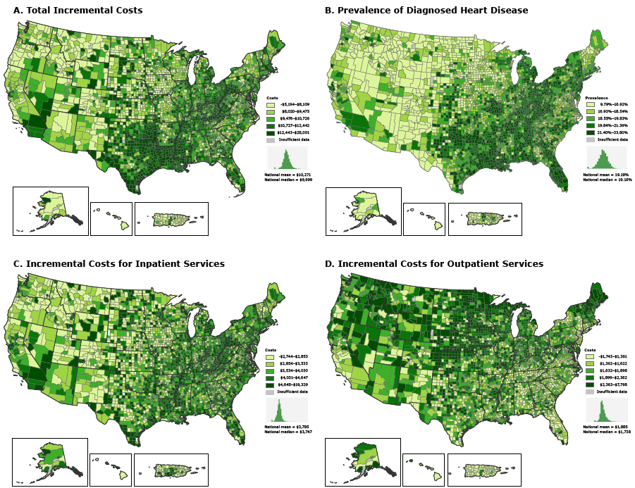 Incremental costs of care and prevalence of diagnosed heart disease for fee-for-service Medicare beneficiaries by county, 2012. A. Total incremental costs of care. Seven counties had negative incremental values. B. Prevalence of diagnosed heart disease. C. Incremental costs for inpatient services. Nineteen counties had negative incremental values. D. Incremental costs for outpatient services. Ten counties had negative incremental values. All counties with negative incremental values had fewer than 30 beneficiaries with heart disease. Beneficiaries with diagnosed heart disease were identified according to the following Centers for Medicare %26 Medicaid Services Hierarchical Conditions Category codes: congestive heart failure (80), acute myocardial infarction (81), unstable angina/acute ischemic heart disease (82), and specified heart arrhythmias (92). Incremental costs were calculated as the difference between the mean annual costs per capita for beneficiaries with heart disease and the mean annual costs per capita for beneficiaries without heart disease. For all maps, the category &ldquo;Insufficient data&rdquo; indicates that data from counties with fewer than 10 Medicare beneficiaries were suppressed. Data source: Centers for Medicare %26 Medicaid Services (5). We used ESRI&rsquo;s ArcGIS 10.3 software to produce the maps.