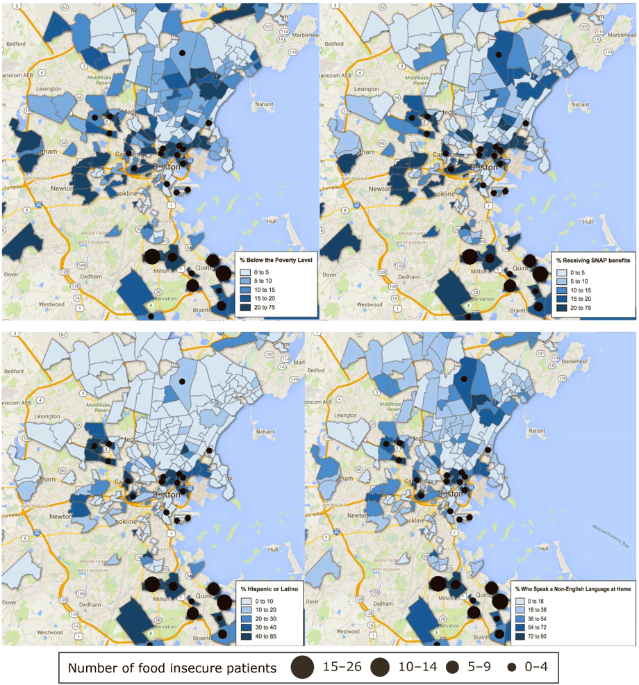 Intensity maps of sociodemographic variables at the census tract level with overlapping data on the number of food insecure women residing in each census tract, Boston metropolitan area, 2013&acirc;&euro;&ldquo;2015. Abbreviation: SNAP, Supplemental Nutrition Assistance Program.