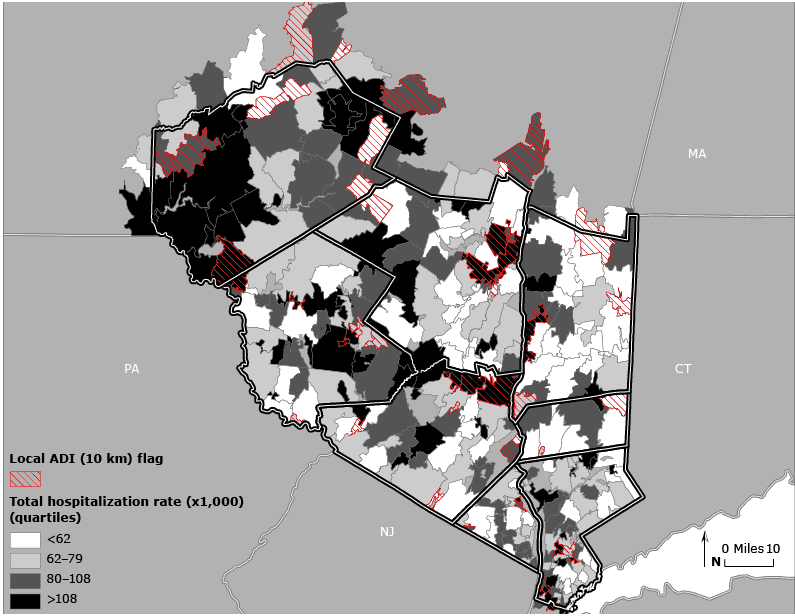 Local area deprivation index (ADI) values versus total hospitalization rate, Hudson Valley, New York. Zip code tabulation areas are indicated with cross hatching to depict local 10-km ADI values above the 15% threshold. Total hospitalization rates (1999&ndash;2000) are shown in quartiles. Maps of other health outcomes are available from the author upon request.