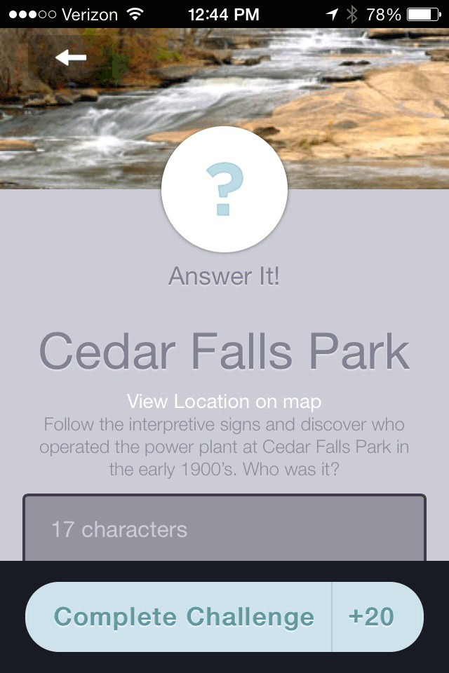 16_0043_05.gif Screenshot showing an example of a Park Hop park clue, Park Hop mobile app, Greenville County, South Carolina, 2014.