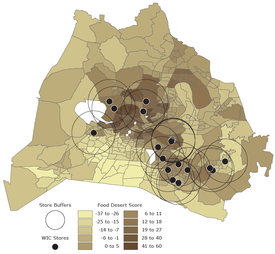 Location of 18 sampled WIC stores, by census-tract food desert score, Nashville/Davidson County, Tennessee. Each store is surrounded by a 3-mile-radial buffer. Food desert scores, ranging from &minus;37 to 60, were grouped into 10 categories. The higher the score, the greater the likelihood of a food desert; a score of 20 or above indicates a food desert. The food desert score was created by summing 36 z scores of variables that measure distance to grocery store, distance to bus stops, social characteristics and poverty, race/ethnicity, chronic disease prevalence, and access to transportation (23). Food desert scores cannot be computed for census tracts that have no residential parcels; these tracts are shown in white.