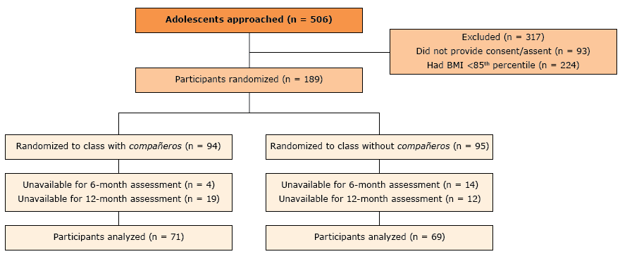 CONSORT diagram illustrating the flow of participants through the study, an obesity prevention intervention using compa&ntilde;eros, Houston, Texas, 2013&ndash;2016. Participants included in the main analysis had baseline, 6-month, and 12-month assessment data. Abbreviation: CONSORT, the Consolidated Standards of Reporting Trials.