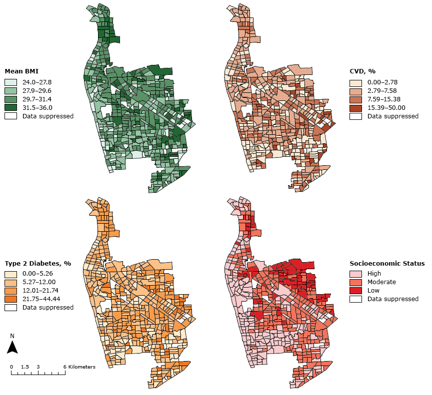 Regional variation of mean body mass index (BMI) (as calculated by clinical measurements of an individual&rsquo;s weight and height [kg/m2]), cardiovascular disease event (CVD) diagnosis (%26#37;), type 2 diabetes diagnosis (%26#37;), and socioeconomic status, by Australian Bureau of Statistics Statistical Area Level 1 region, in western Adelaide, South Australia.