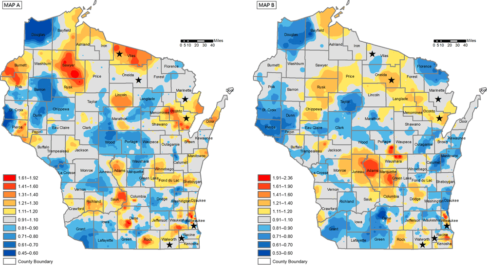 Female breast cancer mortality rate (Map A) and lung cancer mortality rate (Map B), Wisconsin, 2008&ndash;2013. The female breast cancer mortality rate is indirectly age standardized and smoothed using adaptive spatial filtering. The lung cancer mortality rate is indirectly age&ndash;sex standardized and smoothed using adaptive spatial filtering. A grid of points is used to estimate mortality rates continuously across the map, based on the 20 closest breast cancer deaths and the 40 closest lung cancer deaths. Red areas indicate higher rates than expected and blue areas indicate lower rates than expected, compared with the regional rate. Areas without color indicate rates close to the regional rate. Data source: State Vital Records Office, Wisconsin Department of Health Services 2008-2013 (12). Reprinted with permission of Yuhong Zhou, PhD, and Kirsten Beyer, PhD, MPH, MS, Medical College of Wisconsin.