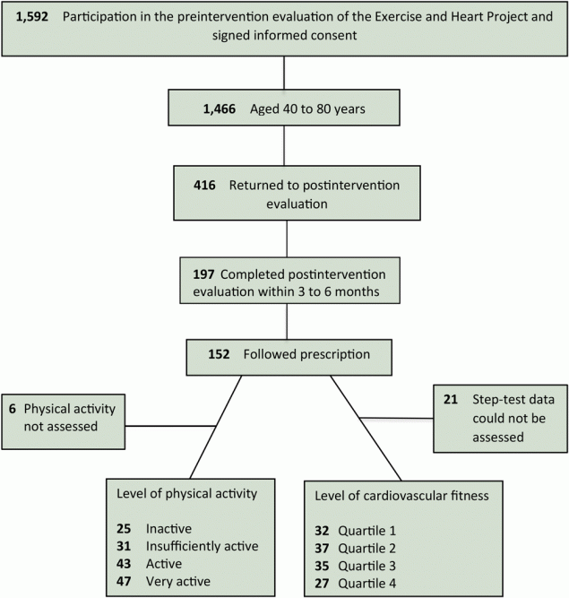 Flow of participants in the Exercise and Heart Project study of physical activity and cardiorespiratory fitness, S&atilde;o Paulo, Brazil, October 2001&ndash;October 2015. Levels of physical activity were defined as 1) inactive, 0 minutes per week; 2) insufficiently active, 1 to 149 minutes per week; 3) active, 150 to 299 minutes per week; and 4) very active, 300 or more minutes per week (6). Cardiorespiratory fitness level was assessed by the 2-minute step-test and classified based on quartiles of the total sample as follows: quartile 1, 87 or fewer steps; quartile 2, 88 to 101 steps; quartile 3, 102 to 114 steps; and quartile 4, 115 steps or more.