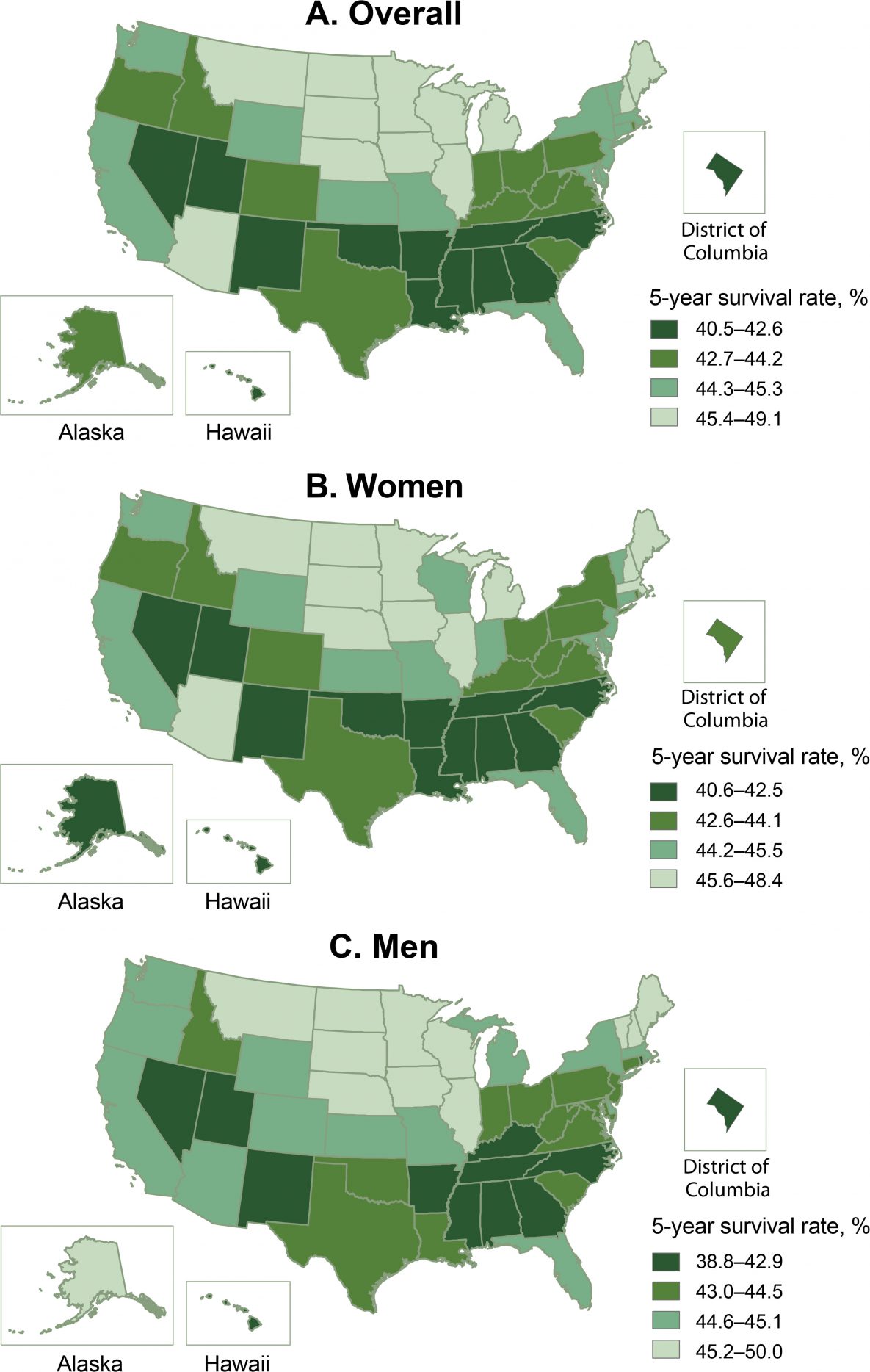 Adjusted 5-year survival after acute ischemic stroke among Medicare fee-for-service beneficiaries, Medicare cohort 2008&ndash;2017. Map A shows the adjusted 5-year survival after acute ischemic stroke among all Medicare fee-for-service beneficiaries. Map B shows the adjusted 5-year survival among women, and Map C shows the adjusted 5-year survival among men.