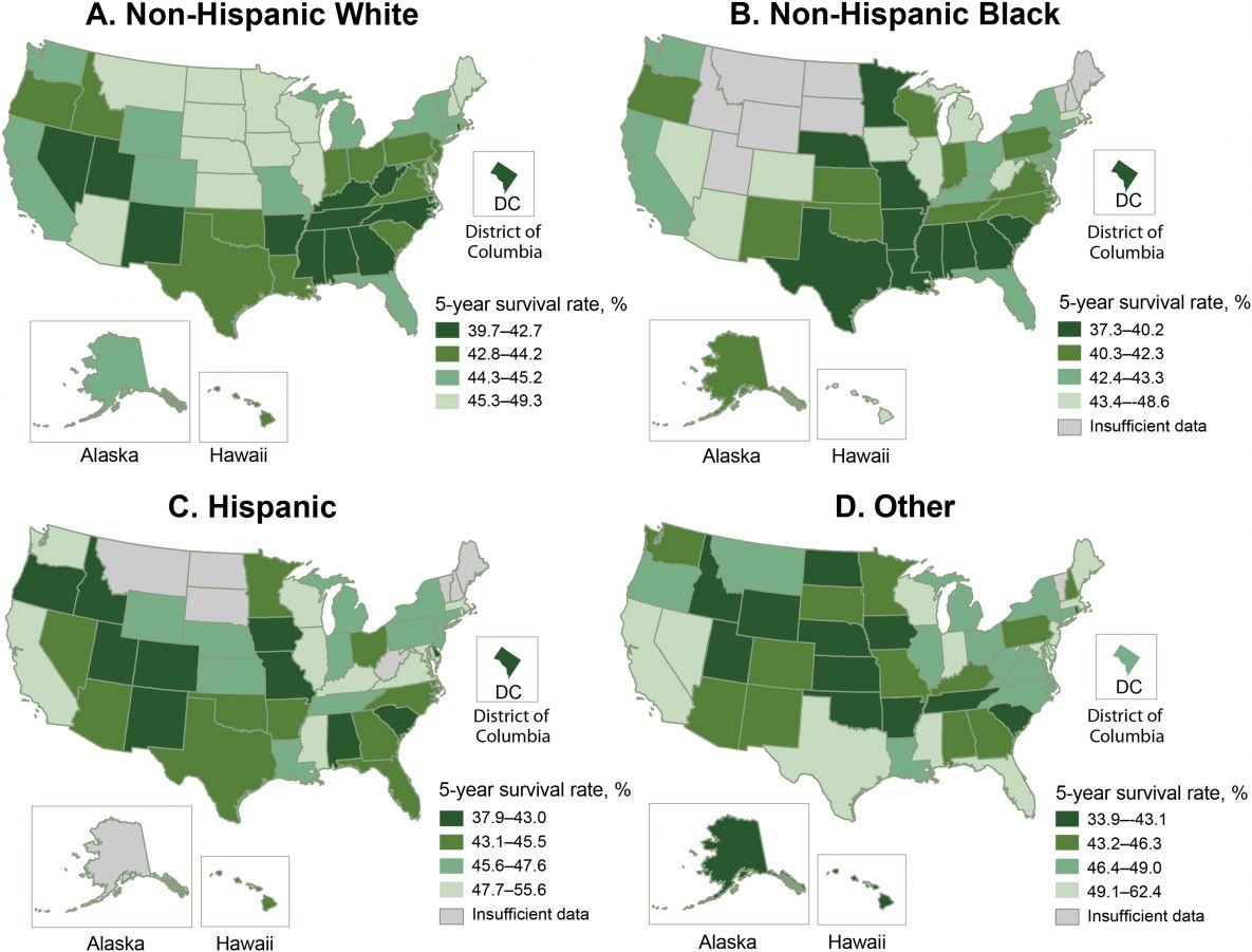 Adjusted 5-year survival after acute ischemic stroke by race and Hispanic ethnicity among Medicare fee-for-service beneficiaries, Medicare cohort 2008&ndash;2017. Map A shows the adjusted 5-year survival after acute ischemic stroke among non-Hispanic White Medicare beneficiaries. Map B shows the adjusted 5-year survival among non-Hispanic Black beneficiaries. Map C shows the adjusted 5-year survival among Hispanic Medicare beneficiaries. Map D shows the adjusted 5-year survival among other (other non-Hispanic races) Medicare beneficiaries. Abbreviation: &mdash;, insufficient data.