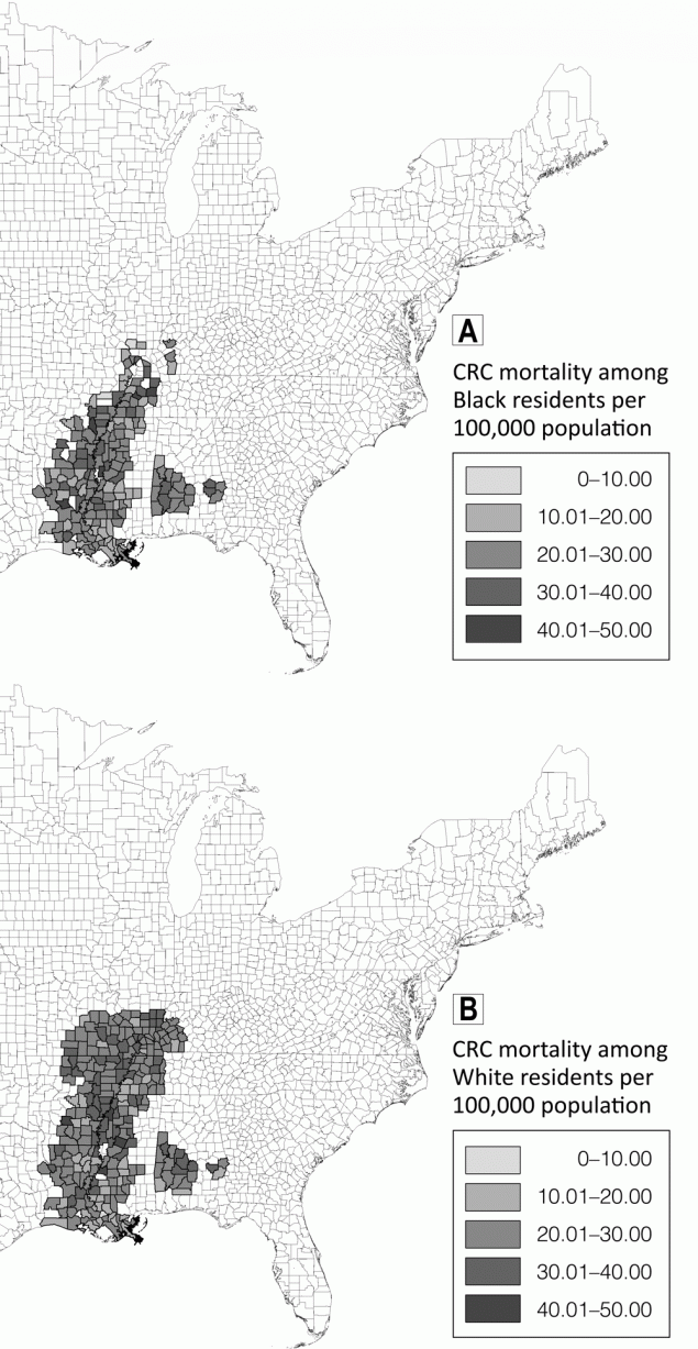 Colorectal cancer mortality rates per 100,000 population among A, Black residents and B, White residents in counties in the Mississippi Delta Region, 1999&ndash;2018. Map created using ESRI ArcGIS version 10.5.1. Abbreviation: CRC, colorectal cancer.