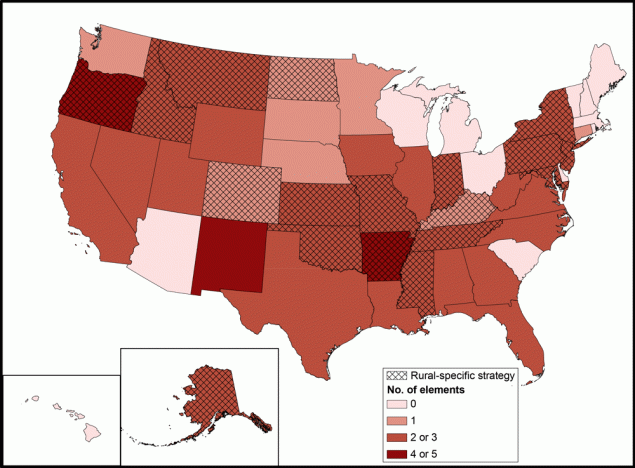 Number of elements included in cancer control plans and whether plan included a rural-specific strategy, by state. Plans were assessed as to their inclusion of &ldquo;rural&rdquo; across 7 elements: 1) data on cancer burden, 2) reduction of cancer disparities, 3) rural population description, 4) rural definition, 5) goals, 6) objectives, and 7) strategies. Data source: National Comprehensive Cancer Control Program, Centers for Disease Control and Prevention.