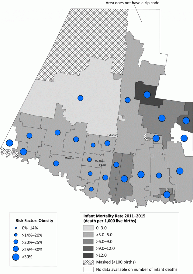 Infant mortality rate (deaths per 1,000 live births) with prevalence of prepregnancy obesity, by zip code area, Hidalgo County, Texas, 2011&ndash;2015.