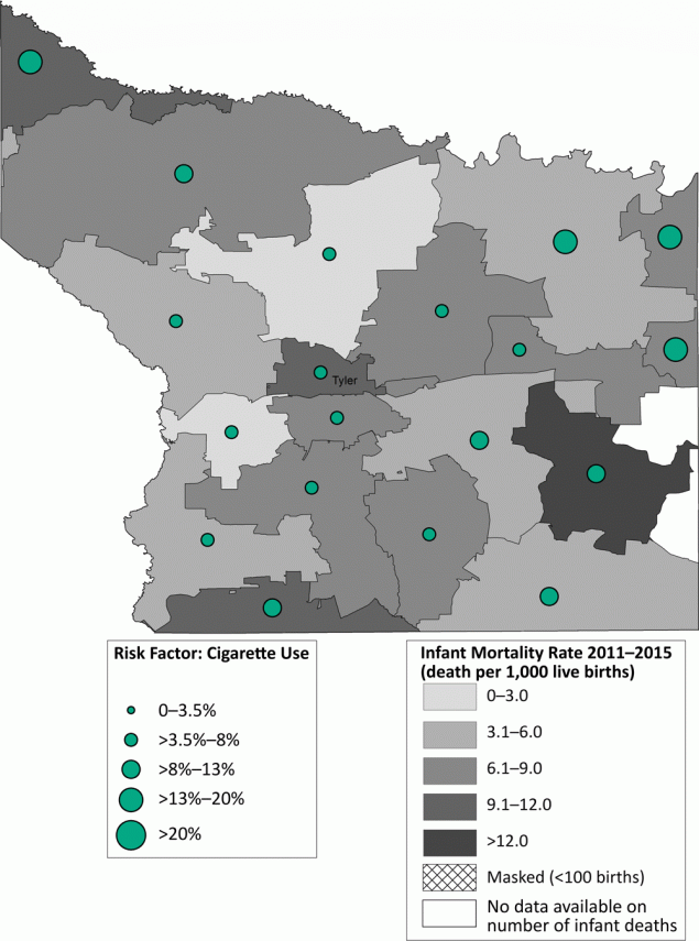 Infant mortality rate (deaths per 1,000 live births) with prevalence of cigarette smoking during pregnancy, by zip code area, Smith County, Texas, 2011&ndash;2015.