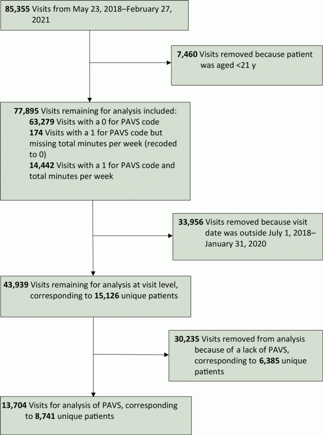 Patient selection for data analysis in a primary care clinic that explored the use of a physical activity vital sign (PAVS), United States, 2018&ndash;2020.