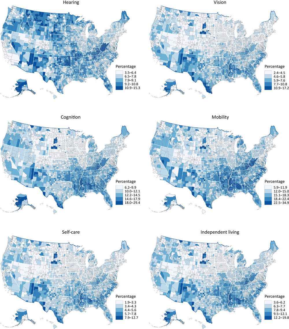 County-level model-based estimates among adults aged &ge;18 years by disability type, United States, 2018. Maps were classified into 5 classes by using Jenks natural breaks. Data sources: Behavioral Risk Factor Surveillance System 2018 (10), US Census Bureau (15,16).