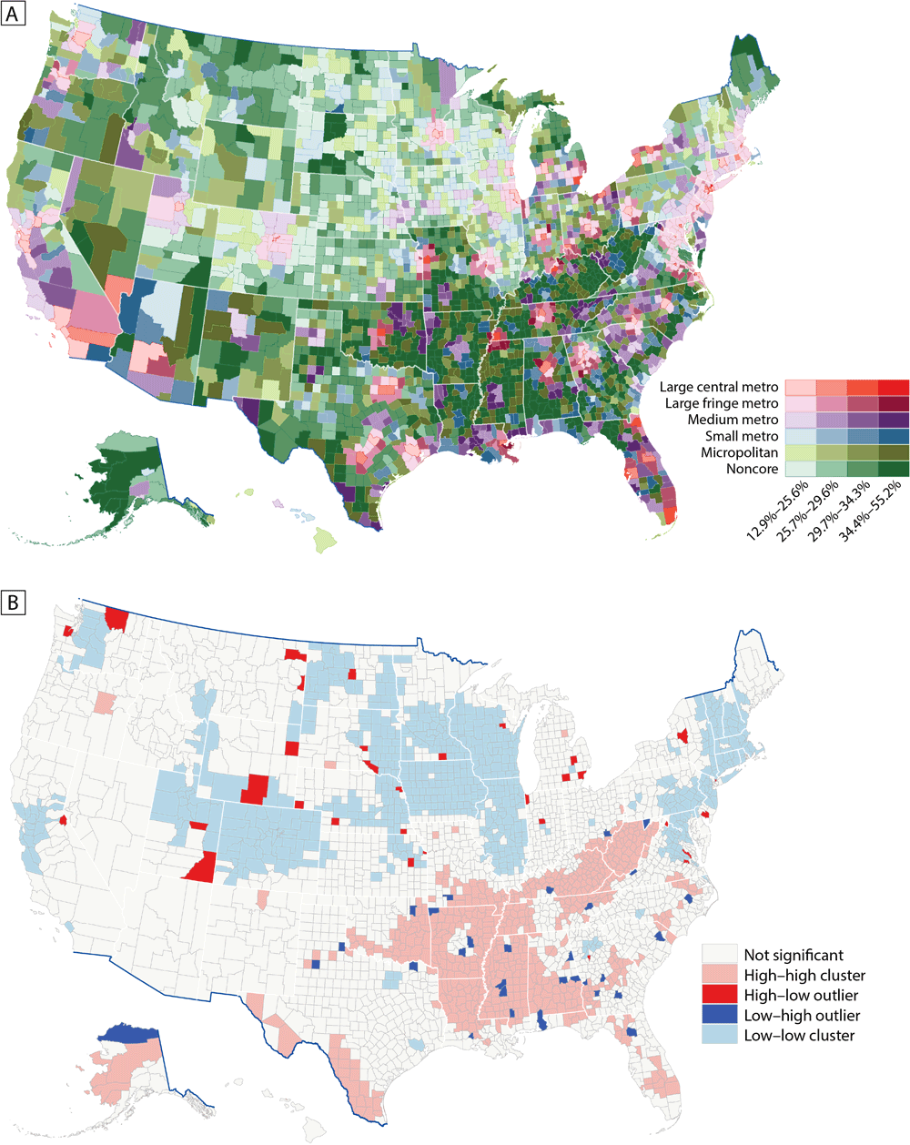 Model-based estimates of any disability among adults aged &ge;18 years by county, United States, 2018. A, Prevalence by urban&ndash;rural status, classified by quartiles. B, Prevalence by cluster-outlier analysis. Data sources: Behavioral Risk Factor Surveillance System 2018 (10), US Census Bureau (15,16).