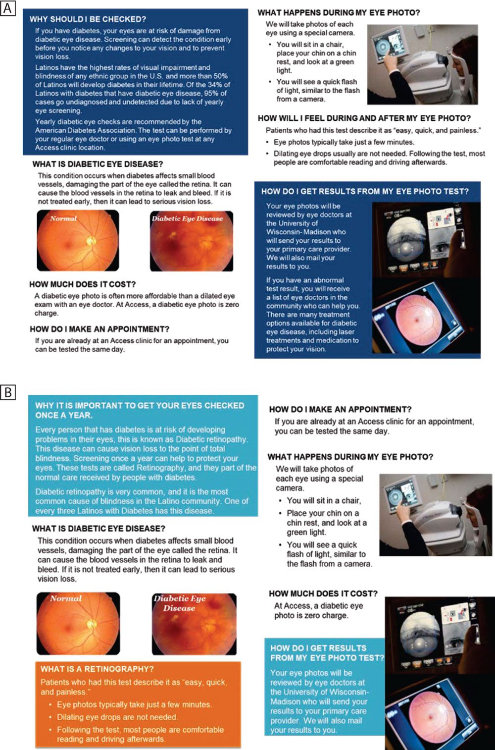 Figure. Sample of a flyer in Spanish modified by the community advisory board for project TeleOjo. Panel A is the original flyer, a version of what was already being used in English. Panel B is the flyer after modifications by community advisory board members. The English translation of this flyer appears below the flyer in Spanish.