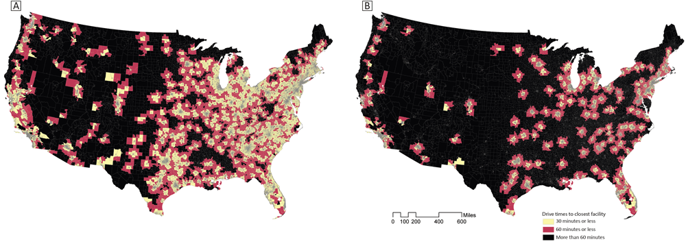 Maps of census tracts within versus beyond 30- or 60-minute drive time of A) any stroke care (ie, ASRH, PSC, TSC, or CSC) and B) advanced stroke care (ie, TSC or CSC). Abbreviations: ASRH, Acute Stroke&ndash;Ready Hospital; CSC, comprehensive stroke center; PSC, primary stroke center; TSC, thrombectomy-capable stroke center.