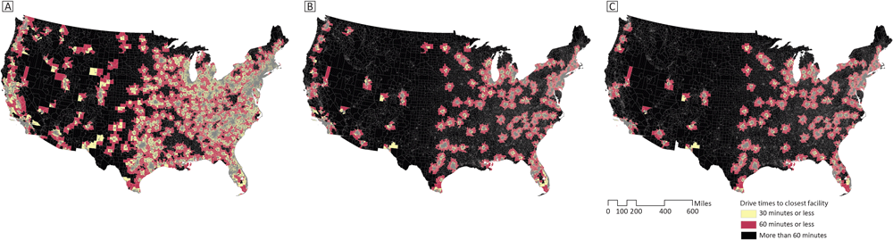 Maps of census tracts within versus beyond 30- or 60-minute drive time of A) any certified stroke care (ie, ASRH, PSC, TSC, or CSC); B) advanced stroke care (ie, TSC or CSC); and C) comprehensive stroke care (CSC) only. Abbreviations: ASRH, Acute Stroke&ndash;Ready Hospital; CSC, comprehensive stroke center; PSC, primary stroke center; TSC, thrombectomy-capable stroke center.