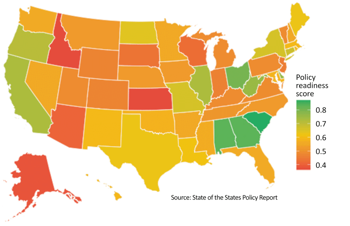 25_0456_01 A choropleth map of the US that displays composite state-level fitness testing policy readiness scores for elementary schools.